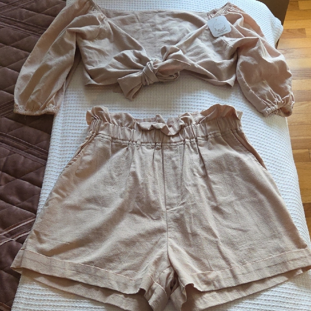Natalie's Tan Off Shoulder Linen Tie Top And Tan Elastic Shorts
